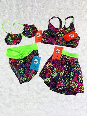 Body ID 4pc Neon Bikini Set Y2K Colorblock Swim Tops Bottom Sarong Size 5-8 NWT